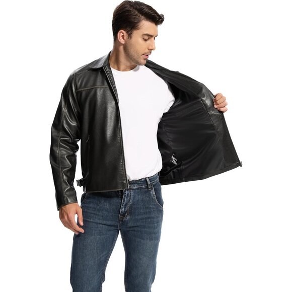 Men Black Faux Leather Biker Jacket Lightweight Vintage Bomber Zip Up Coat - Picture 7 of 7